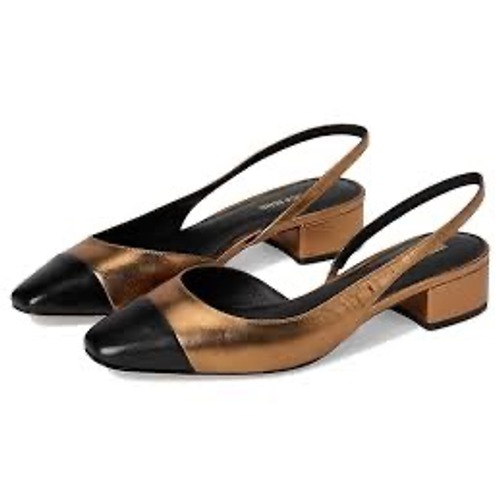 Veronica Beard Metallic Bronze Black Cap Toe Slingback Block Heel Pumps 7.5m Euc